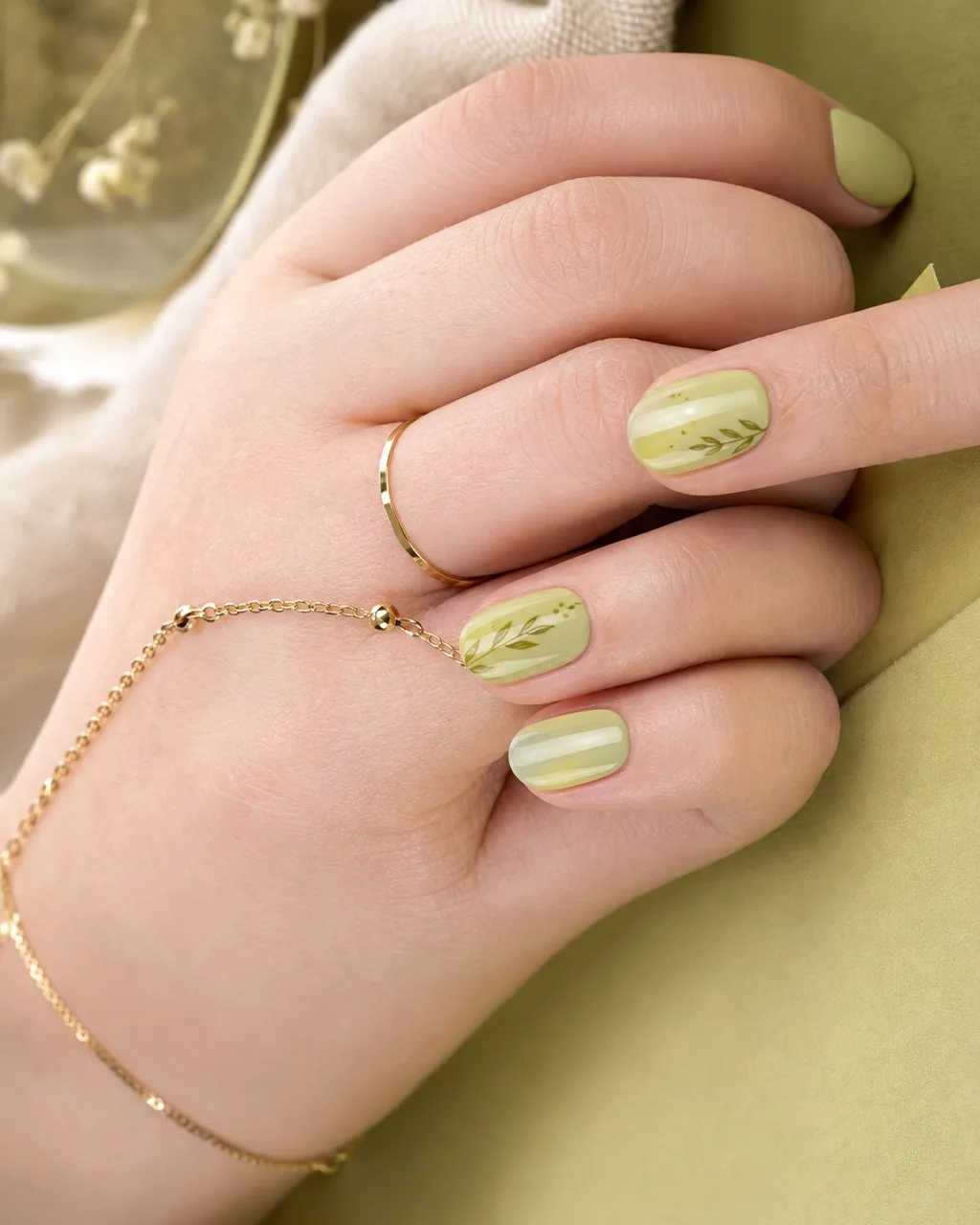 Pear Sheer — round thanksgiving nails with sheer pale pear-green polish, two thin coats, glossy top coat, short round