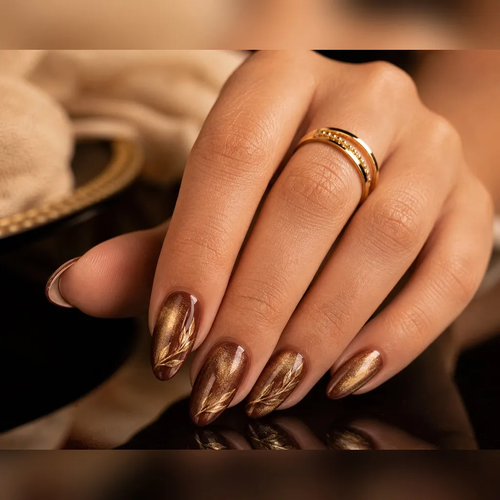Roasted Chestnut Shimmer — almond thanksgiving nails with chestnut-brown base with a fine gold shimmer chrome buffed over for a soft glow…