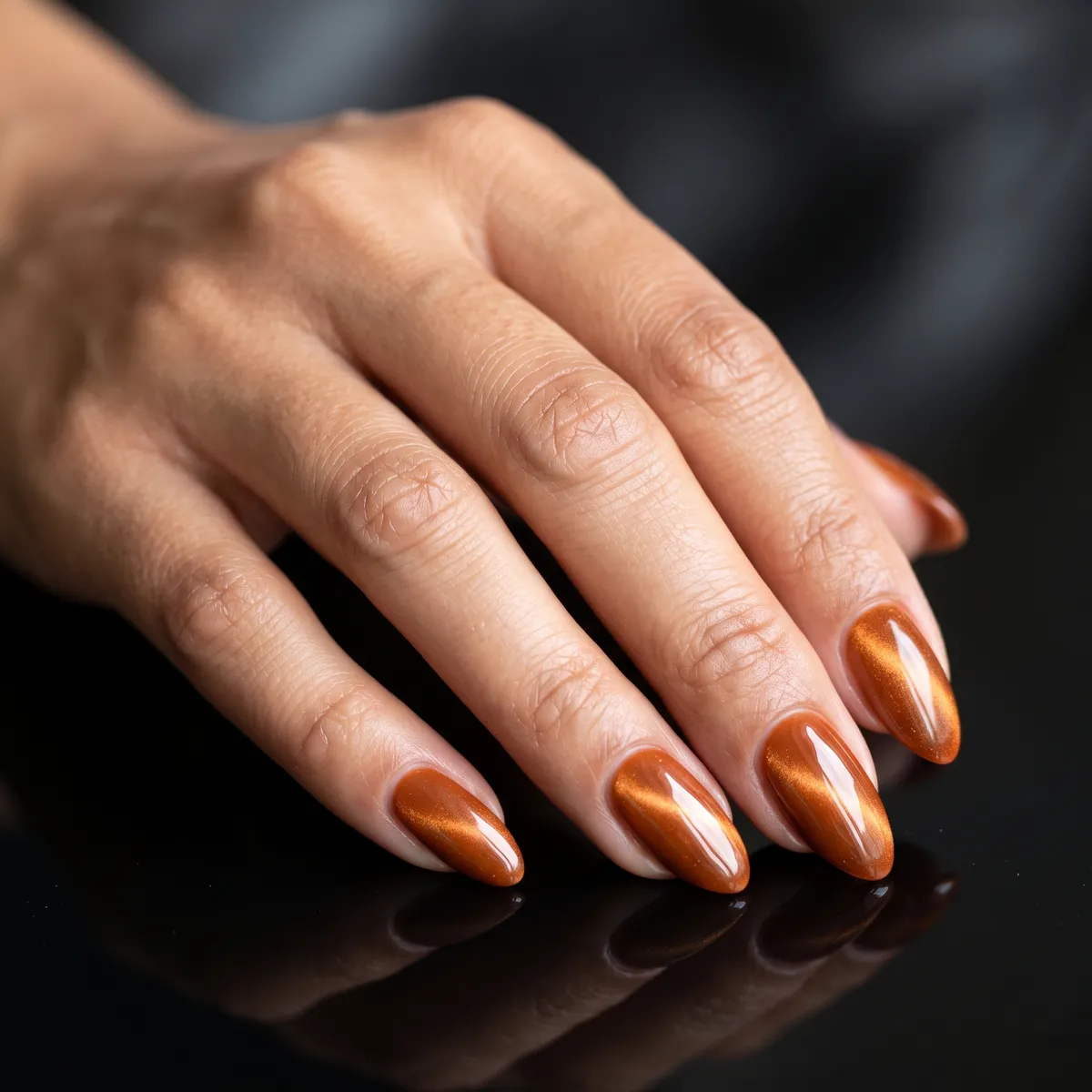 Roasted Squash — almond thanksgiving nails with cat-eye gel in burnt orange with magnet-drawn line effect, almond shape, glossy top coat