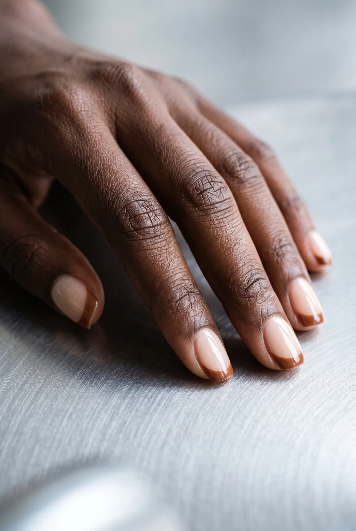 Toasted Pecan Tips — square thanksgiving nails with sheer nude base, short square nails, french tip in warm toasted-pecan brown, glossy top coat