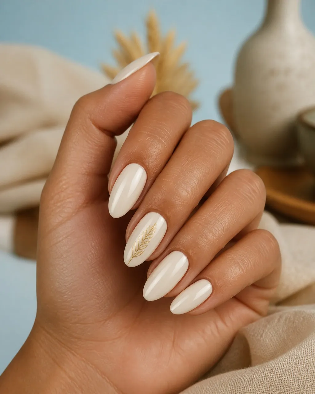Wheat Stalk Line — almond thanksgiving nails with sheer cream base with one fine gold wheat-stalk line painted up the centre of each ring…