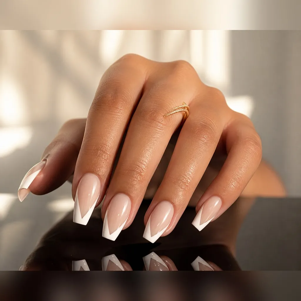 Chevron French — coffin french nails with sheer milky base with a white french tip painted as a sharp v pointing toward the cuticle, glossy…