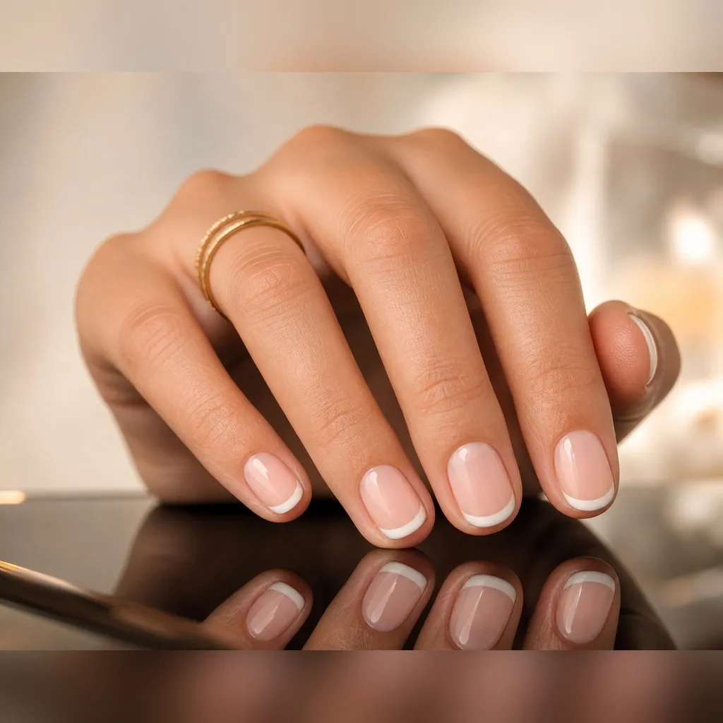Classic Round French — round french nails with sheer pink base with a classic-depth white french tip following a natural smile line, glossy…