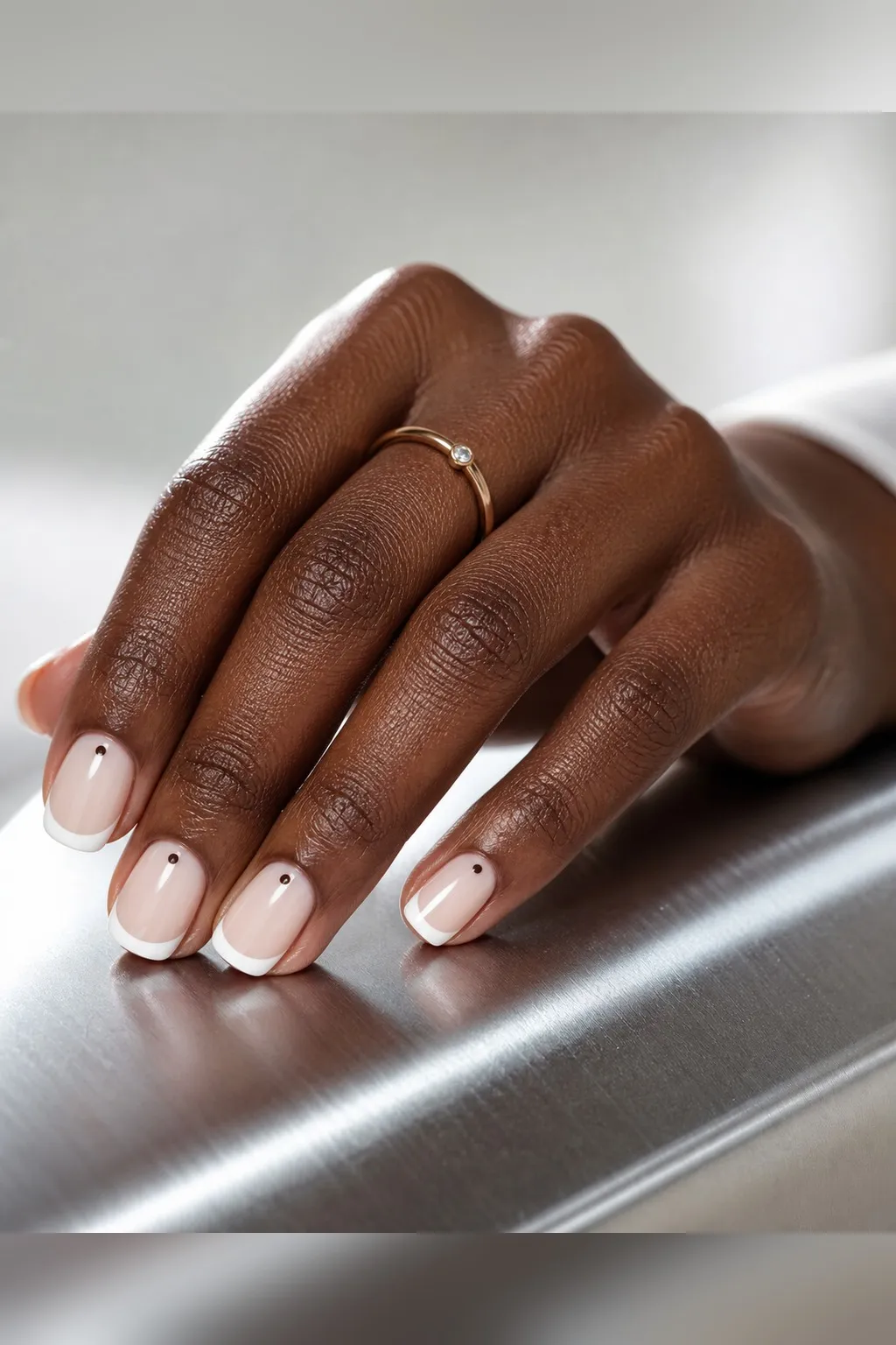 Dotted Cuticle French — round french nails with sheer milky base with a white french tip and one small espresso-brown dot just above the…