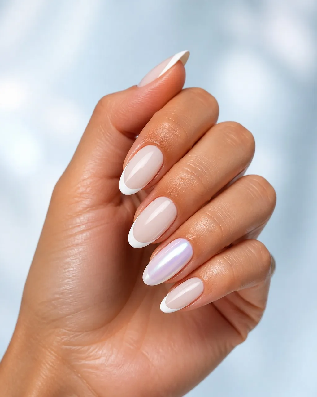 Pearl Accent French — almond french nails with milky base with white french tips on every nail, and the ring fingers glazed in full pearl…