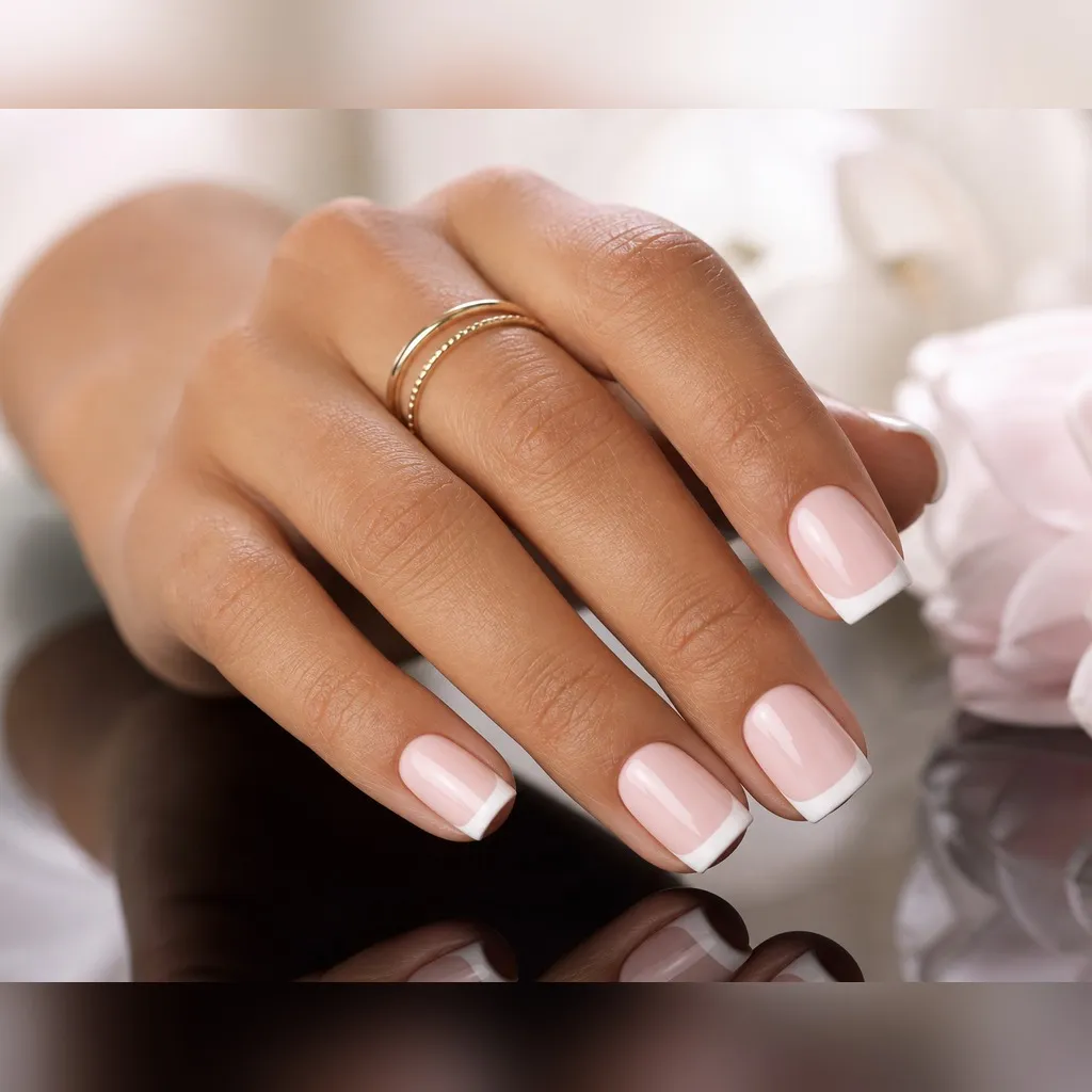 Pink Square White French — square french nails with soft opaque ballet-pink base with a crisp white french tip along a straight smile line…