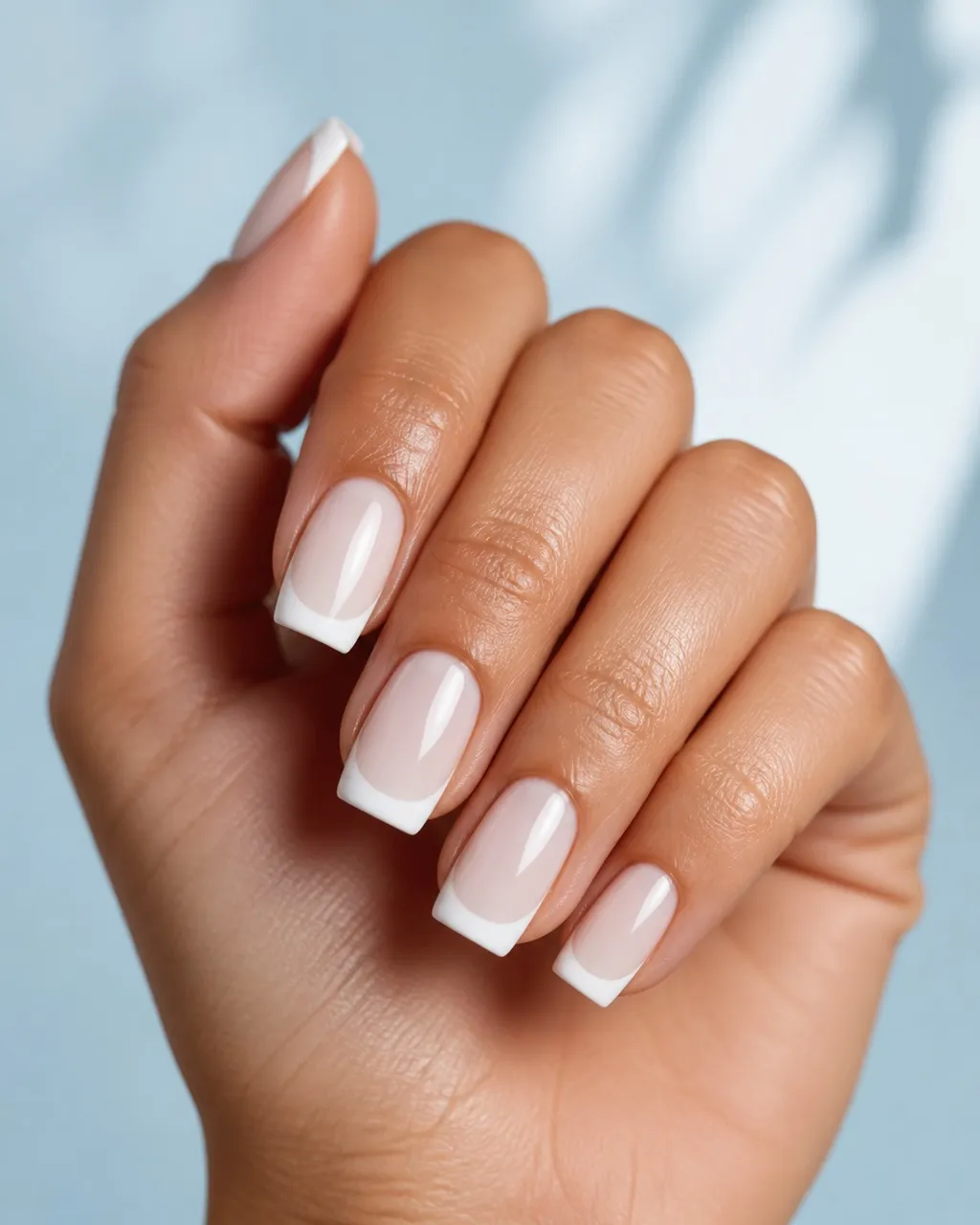 Squoval White French — square french nails with sheer milky base with a crisp white french tip, medium squoval shape with softened corners…