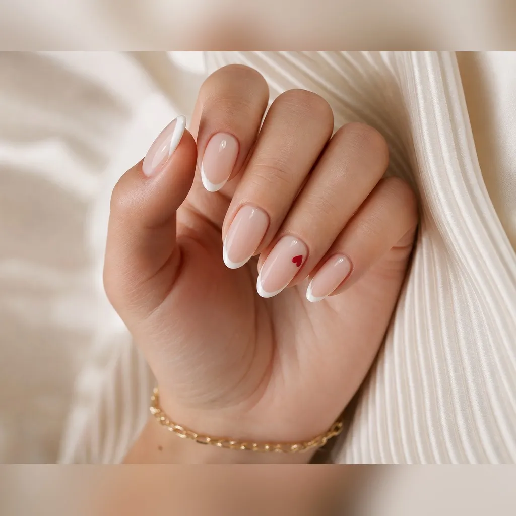 Tiny Heart French — almond french nails with sheer milky base with a thin white french tip, plus one tiny red heart just above the tip on the…