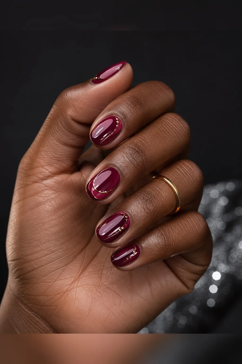 Burgundy Glass — round winter nails with deep burgundy crème, two coats, under a high-gloss glaze top coat, short round