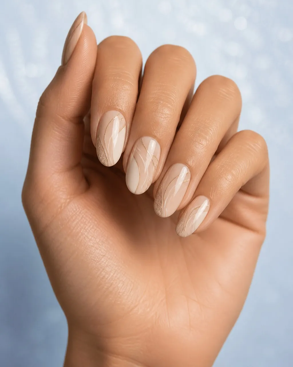 Cashmere Beige — almond winter nails with sheer warm beige, two thin coats, glossy top coat, medium almond