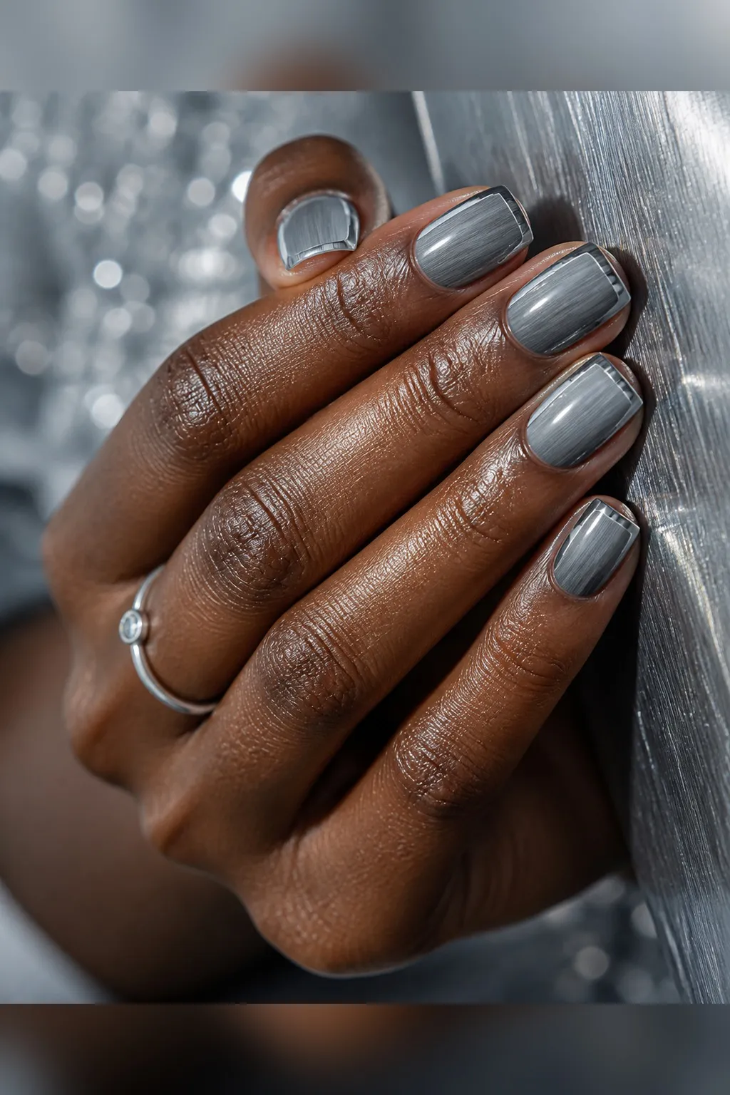 Cool Grey Chrome — square winter nails with cool mid-grey base with a soft chrome powder buffed over for a brushed-steel shine, glossy, short…