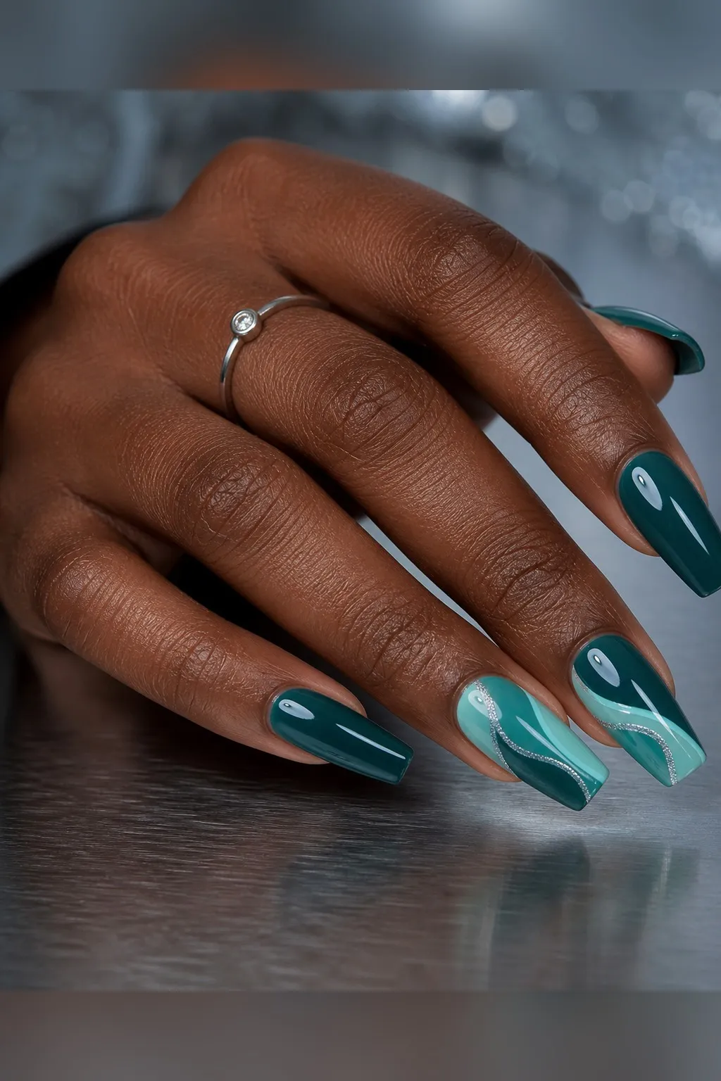Deep Teal Glaze — coffin winter nails with deep teal crème, two coats, under a high-gloss glaze top coat, medium coffin
