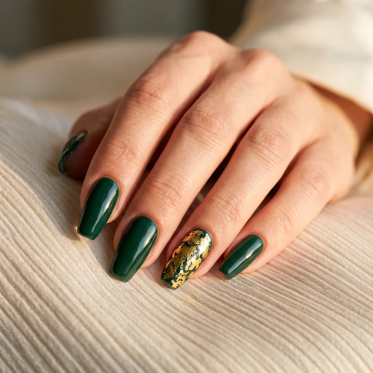 Evergreen Foil — coffin winter nails with coffin shape, deep evergreen polish on most nails, gold foil accent on the ring finger, glossy topcoat