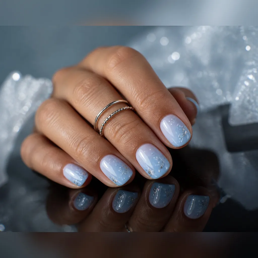 Ice Blue Jelly — round winter nails with sheer ice-blue jelly polish, three thin coats for depth, glossy top coat, short round