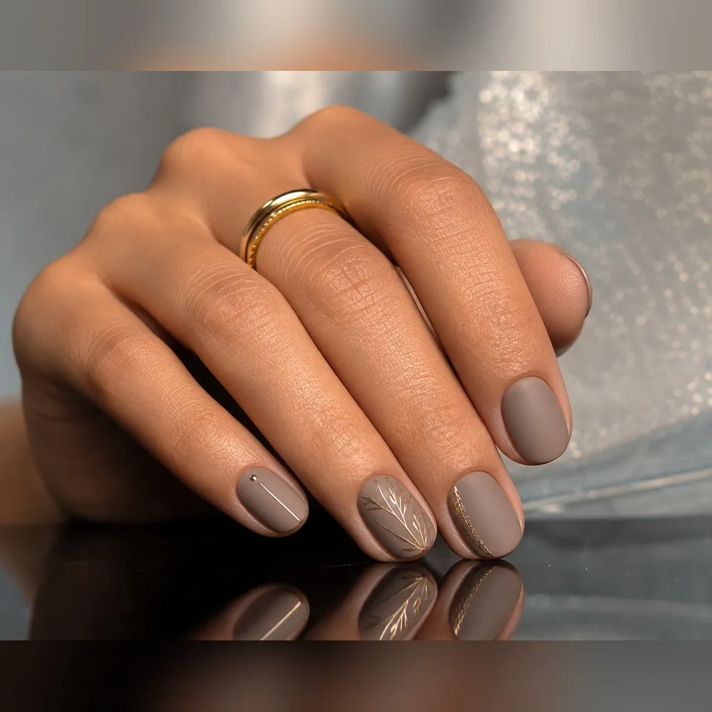 Mink Taupe Matte — round winter nails with soft taupe grey-brown crème, two coats, matte top coat, short round