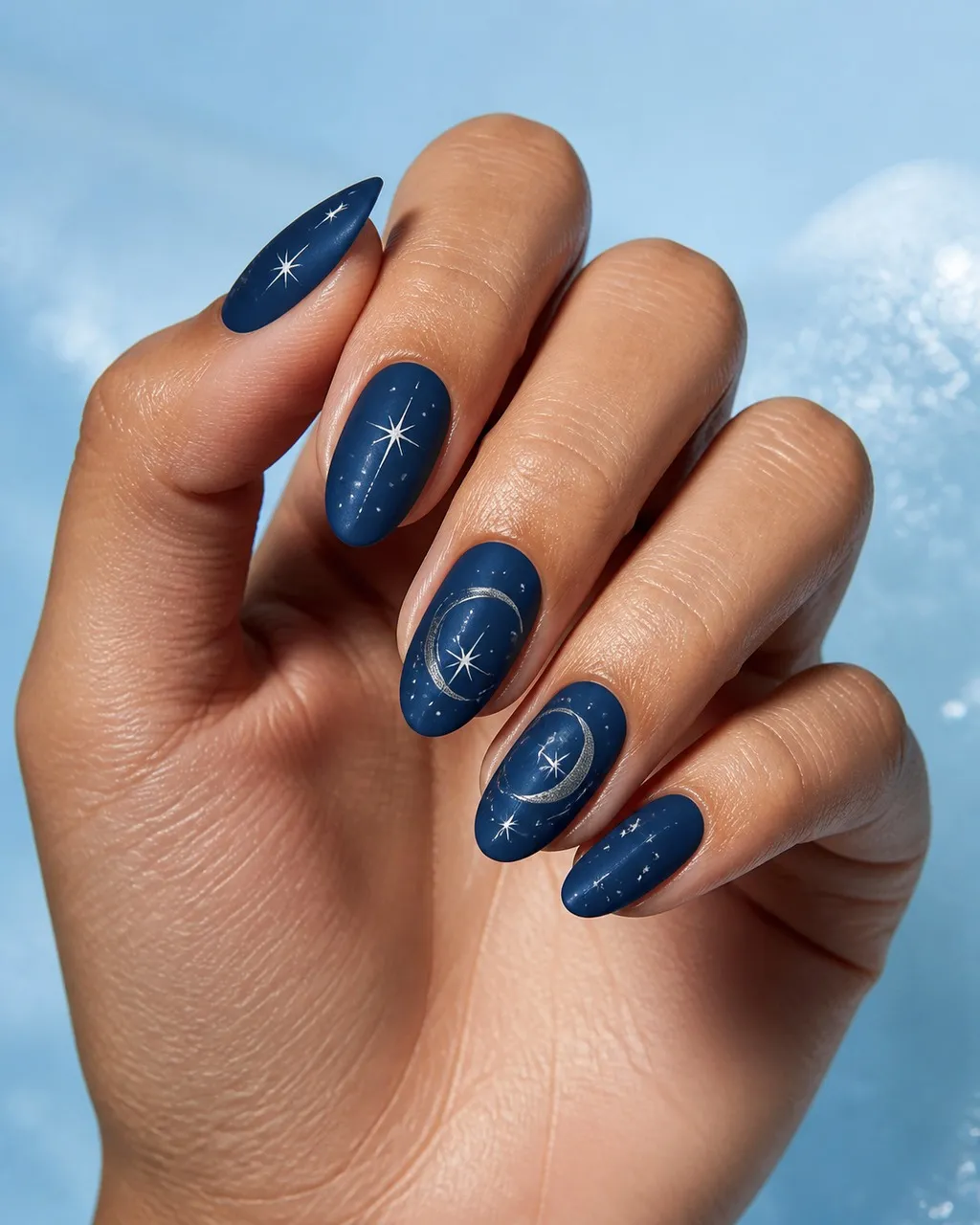 Navy Velvet Matte — almond winter nails with deep navy crème, two coats, matte top coat, medium almond