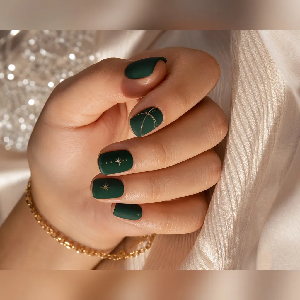 Pine Matte Short — square winter nails with deep pine green crème, two coats, matte top coat, short square