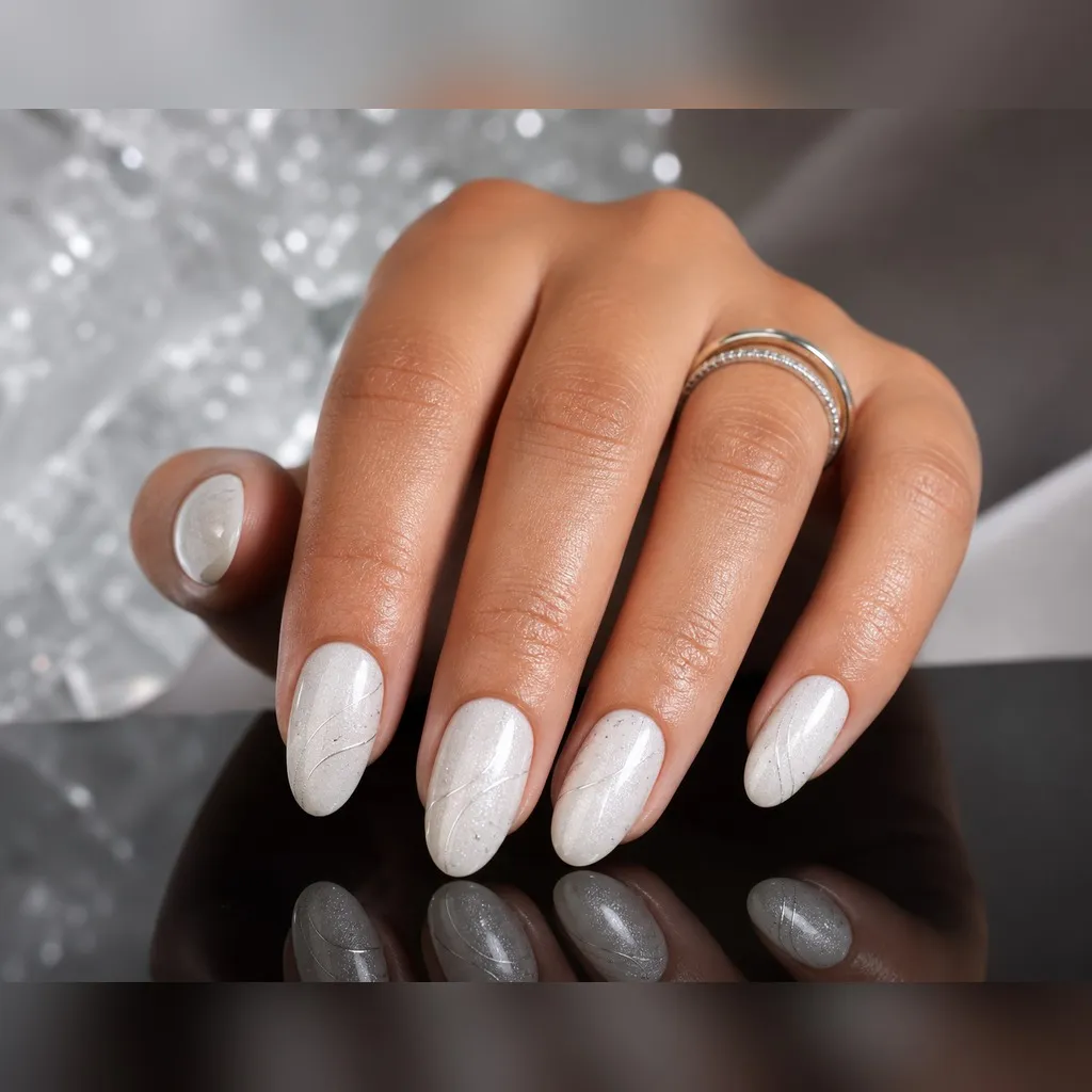 Sugar Frost — almond winter nails with sheer white polish with a fine silver shimmer, two thin coats, glossy top coat, medium almond